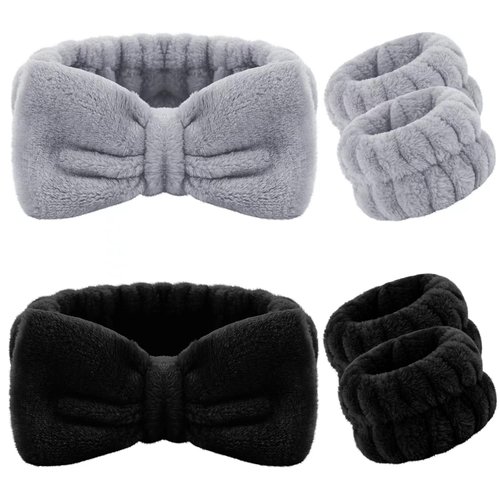 6 Pieces Spa Headband Wrist Washband Scrunchies Cuffs for Washing Face, Towel Wristbands Hair Headband Face Wash Wristband for Women Girls Makeup Prevent Liquids from Spilling Down Your Arms (Black)
