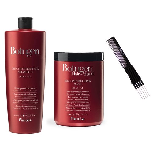 FanoIa BOTUGEN BOTOLIFE Reconstructive Shampoo & Mask Duo Set (33.8 oz), Hair Keratin & Hyaluronic Acid Reconstructor Masque with Sleekshop Premium Carbon Teasing Comb