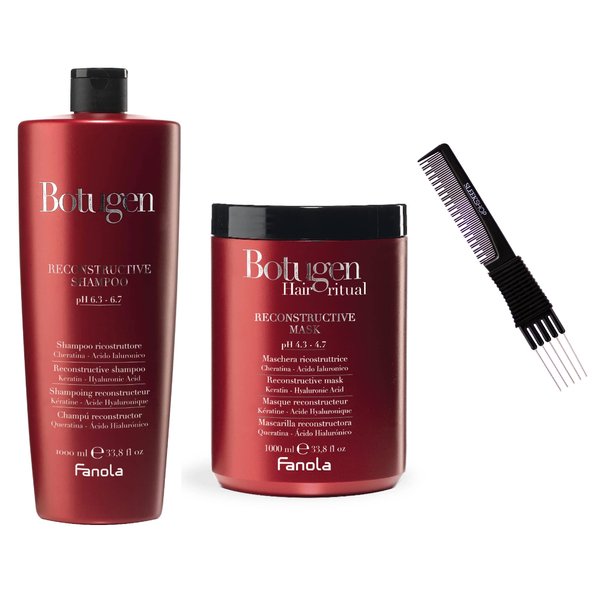 FanoIa BOTUGEN BOTOLIFE Reconstructive Shampoo & Mask Duo Set (33.8 oz), Hair Keratin & Hyaluronic Acid Reconstructor Masque with Sleekshop Premium Carbon Teasing Comb