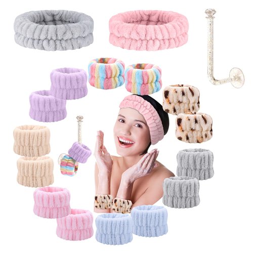 SNAILGARDEN 14 Pcs Coral Fleece Face Wash Wrist Washband and Headband Set for Women Spa - Towel Scrunchies for Washing Face, Includes Storage Rack, Multiple Color, Waterproof and Sweat Resistant