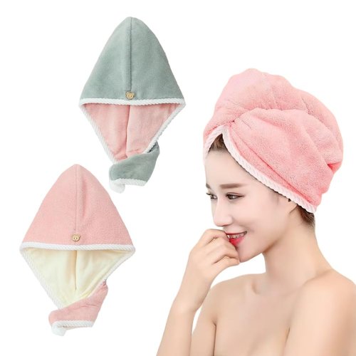 ALPELA Microfiber Hair Towel Wrap for Women, 2 Pack Coral Velvet Turban Towel, Anti Frizz Quick Drying Hair Turban, Super Absorbent Fast Dry for Curly Thick Long All Hair Style Types, Green Pink White