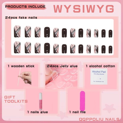 QQPPOLIU Press on Nails Medium Square Artificial Nails Dark Red Fake Press on Nails Holiday False Nails Girls Fake Nail with Geometric Pattern Glitter Full Cover Nails