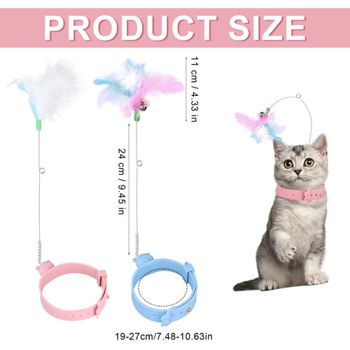 XIHIRCD 2pcs Cat Collar Toys, Silicone Feather Cat Teasing Wands with Neck Collar Adjustable Cat Wand Toys with Bell Cat Interactive Teaser Toys for Indoor Cat Playing Training