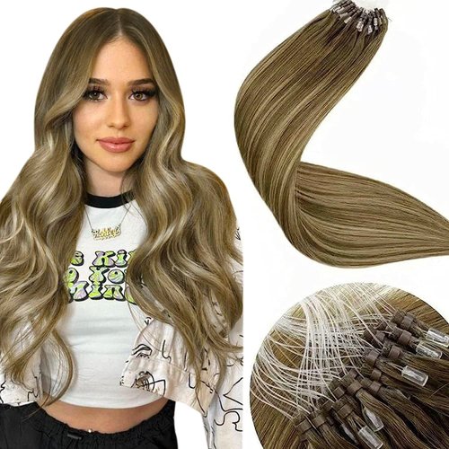 LaaVoo Brown Microlink Hair Extensions Human Hair Balayage 18 inch Light Brown to Golden Blonde Mix Brown Micro Beads Human Hair Extensions Remy Human Hair Extensions Micro Loop Soft Straight 50g/50s