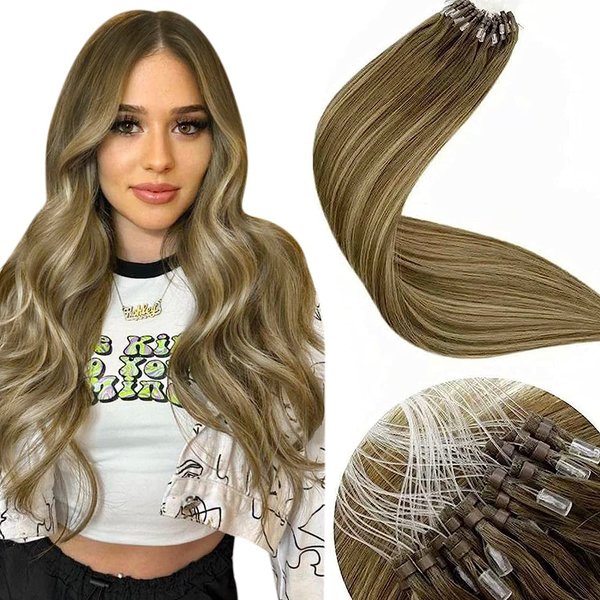 LaaVoo Brown Microlink Hair Extensions Human Hair Balayage 18 inch Light Brown to Golden Blonde Mix Brown Micro Beads Human Hair Extensions Remy Human Hair Extensions Micro Loop Soft Straight 50g/50s