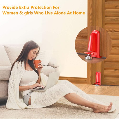 Portable Door Jammer for Travel Security, Door Stopper Security Device Lockdown, Aluminum Alloy Anti-Slip Door Locks for Women Safety Self Defense, Apartment Personal Protection for Homeowner (Red)