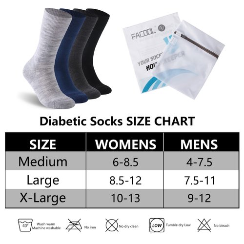 Facool Diabetic Socks for Men Women, Soft Merino Wool Light Non Binding Loose Top Quarter Long Socks, 3 Pairs Multicolor (Black, Light Grey, Navy Blue), US Women 8.5-12 / US Men 7.5-11