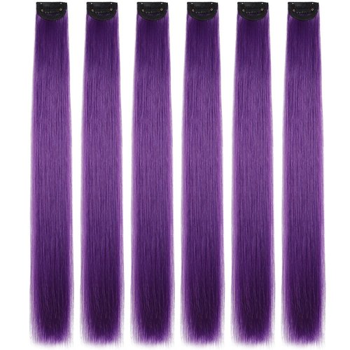 Purple Hair Extensions,HJPJHTM Colored Hair Extensions,6pcs Party Highlights Clip in Hair Extensions for Girls 22" Long Straight Thick Hair Synthetic Hairpieces