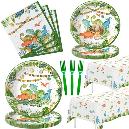 APOWBLS Dinosaur Baby Shower Decorations Tableware - Dinosaur Birthday Party Supplies, Dino Plate, Napkin, Tablecloth, Fork, Watercolor Dinosaur Theme Baby Shower Birthday Party Decorations | Serve 24
