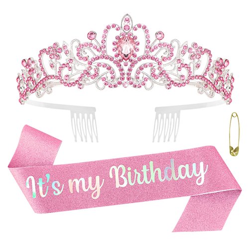 ACO-UINT Pink Birthday Crown for Women, Birthday Headband Birthday Sash Birthday Tiara, Birthday Girl Crown Birthday Queen Tiara Decorations Birthday Gifts