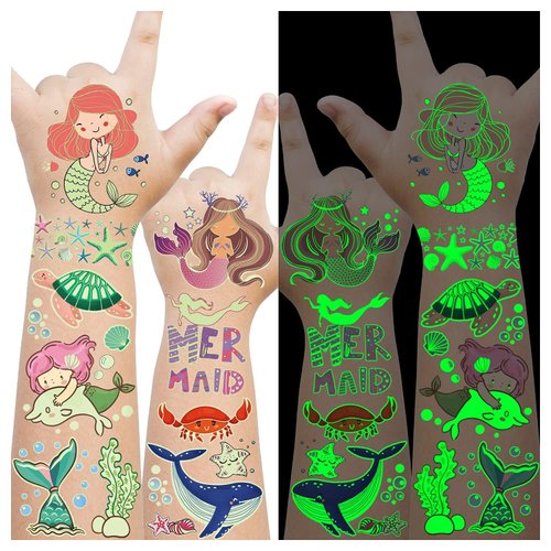 Cerlaza 300 Styles (23 Sheets) Luminous Mermaid Party Decorations Temporary Tattoos for Kids, Glow Mermaid Birthday Party Supplies Favors for Girls, Mermaid Goodie Bags Fillers