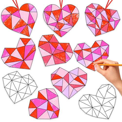 BeYumi 83Pcs Color Your Own Valentine's Day Heart Kit for Kids DIY Coloring Craft Kit Coloring Valentine Heart Ornament Geometric Heart Card School Classroom Valentine Party Activity Art Craft Project