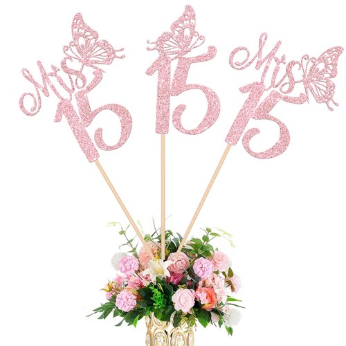 12 Pack Mis 15 Centerpiece Sticks for Table, Glitter Happy 15th Birthday Party Decorations, Hello 15 Fabulous Table Toppers, Cheers to 15 Years Old Birthday Anniversary Party Decotations Pink
