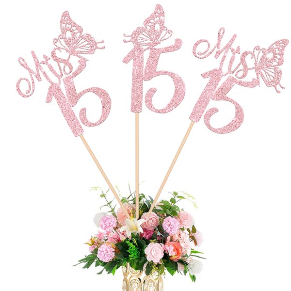 12 Pack Mis 15 Centerpiece Sticks for Table, Glitter Happy 15th Birthday Party Decorations, Hello 15 Fabulous Table Toppers, Cheers to 15 Years Old Birthday Anniversary Party Decotations Pink