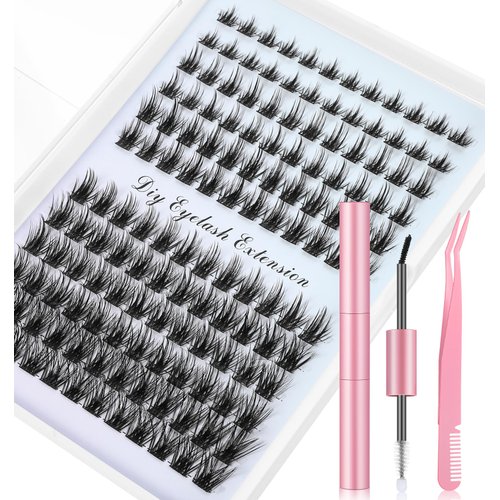 Lash Clusters Kit Natural, 144pcs Natural Lash Extensions with Glue and Tweezers, DIY at Home, Easy Application Suitable for Beginners