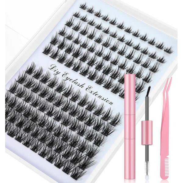 Lash Clusters Kit Natural, 144pcs Natural Lash Extensions with Glue and Tweezers, DIY at Home, Easy Application Suitable for Beginners