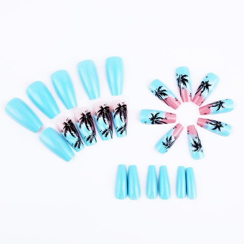 LBPEPAMZ 24 Pcs Summer Press on Nails Medium Square Fake Nails Coconut Tree Palm Pattern Artificial Nails Ocean Beach Tropical Style Design False Nail Glossy Glue on Nails Full Cover for Women Girls