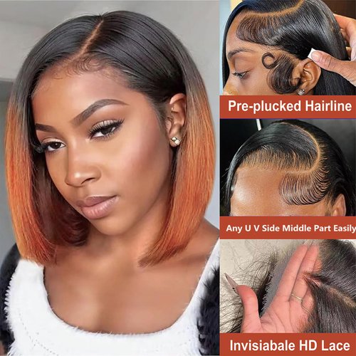 10 inch 1b/350 Straight Bob Wig Human Hair, Lace Glueless Front Wigs Human Hair,highlight human hair bob wig,Pre Plucked 13x4 HD Lace Front Wigs Human Hair 180% Density Orange and Black Wig Human Hair