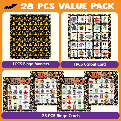 JOYIN 28 Players Halloween Bingo Cards Set, Halloween Bingo Game for School Classroom Family Group Activities, Halloween Party Supplies Adults Kids Indoor Board Games