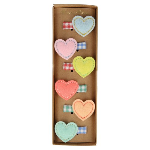 Meri Meri Felt Heart Hair Clips (Pack of 6), 6 Different Colored Hair Clips, Valentine&#39;s Day Gift...