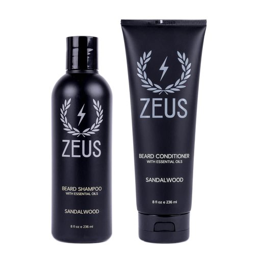 ZEUS Beard Wash & Beard Conditioner Set with Green Tea for Men, Soften, Hydrates & Moisturizes - MADE IN USA (Sandalwood)