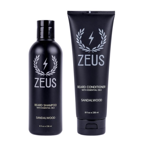 ZEUS Beard Wash & Beard Conditioner Set with Green Tea for Men, Soften, Hydrates & Moisturizes - MADE IN USA (Sandalwood)