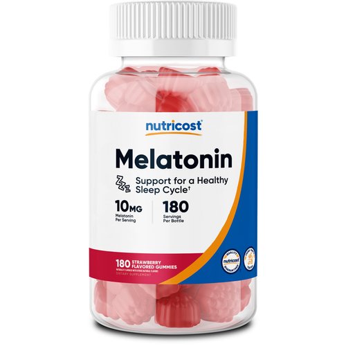 Nutricost Melatonin 10mg, 180 Gummies (90 Serv), Strawberry Flavored - Gluten Free, Non-GMO, No Corn Syrup