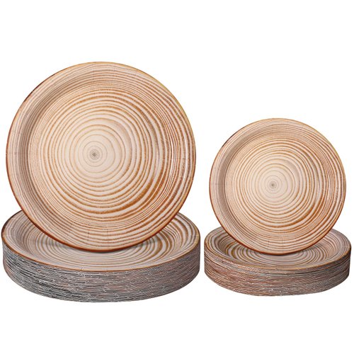 Mumufy 100 Pack Light Wood Grain Paper Plates Wooden Slice Dinner Plates and Camp Fire Dessert Plates Farmhouse Woodland Party Plates for Lumberjack Party Supplies