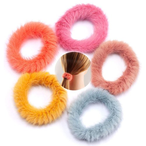 Set of Five Bright Color Faux Furry Hair Band Rope Hair Tie Ponytail Holder Hair Accessories