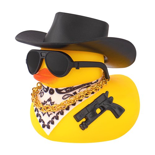 wonuu Small Rubber Duck with Mini Sunglasses Black Cowboy Hat Bandana Necklace Plastic Accessories for Car Ornament Home Decor Desk Decoration, Assemble Needed, Pistol
