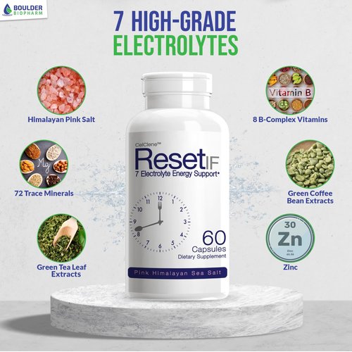 ResetIF Intermittent Fasting, 7 Energy Electrolytes, Methyl B12 and Methyl Folate, Pink Salt, Green Tea & Green Coffee Extracts, B Complex, Zinc, 72 Trace Minerals