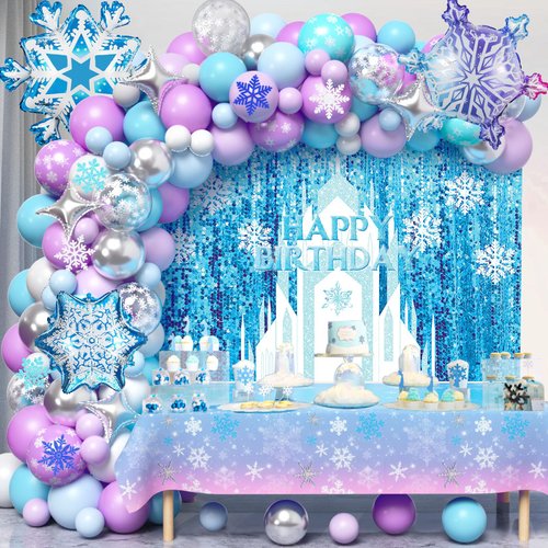 Winrayk 159Pcs Frozen Party Decorations Birthday Supplies for Girls, Frozen Balloon Arch Wonderland Backdrop Tablecloth Snowflake Balloon Sticker, Kids Princess Elsa Winter Frozen Birthday Party Decor
