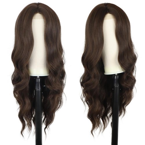Brown Wavy Wig for Women 26 Inch Long Brown Curly Wavy Wig Natural Looking Middle Part Synthetic Heat Resistant Wigs for Daily Party Use