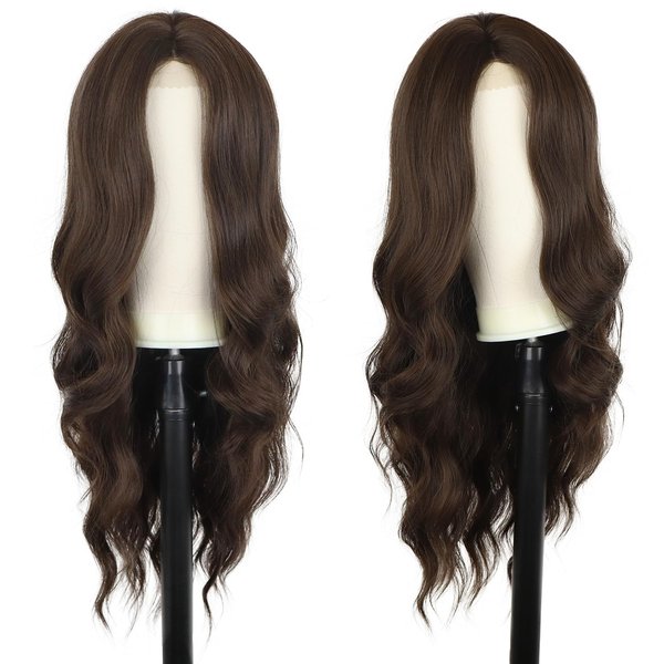 Brown Wavy Wig for Women 26 Inch Long Brown Curly Wavy Wig Natural Looking Middle Part Synthetic Heat Resistant Wigs for Daily Party Use