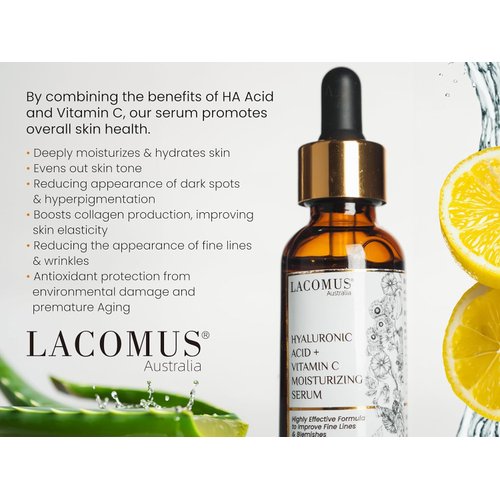 Hyaluronic Acid + Vitamin C Moisturizing Serum for Fine Lines and Blemishes - Organic and Cruelty-Free Skin Health Booster - Moisturizing Formula for Youthful Skin - LACOMUS Australia