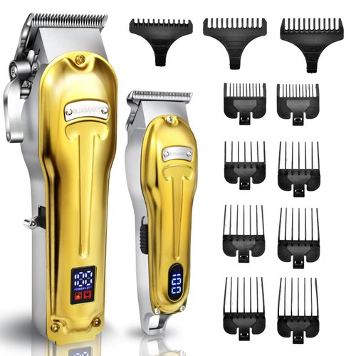 JAMAKY 2 in 1 Hair Clipper for Men, Gold Clipper for Barber, Wired or Wireless Use, Clipper and Trimmers Set Professional, Zero Gap Beard Trimmer, with LED Display, 6500 RPM, Barber Kit