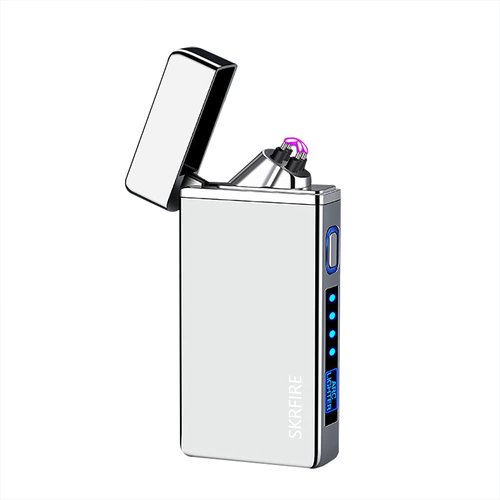 SKRFIRE Windproof Lighter Outdoor, Dual Arc Electric Lighter PVD-Plating Wearproof Lighter Rechargeable USB Lighter Flameless Plasma Lighter with Rhythmic Flashing Battery Indicator (ICY Silver)