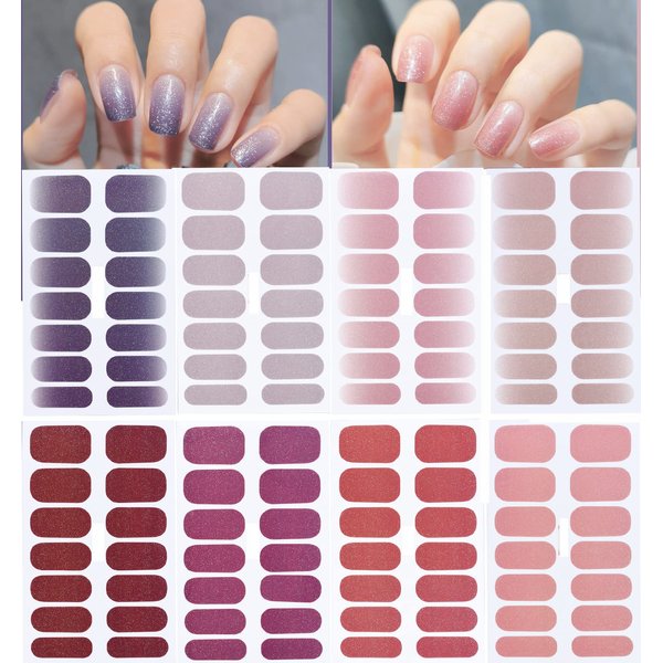 112 Pieces Nail Polish Sticker Full Wrap Nail Strip Supplies,8 Sheets Gradient Purple, Shiny Self-Adhesive Gel Nail Art Design Decals with Nail file for Women Girls Manicure Decoration Tips