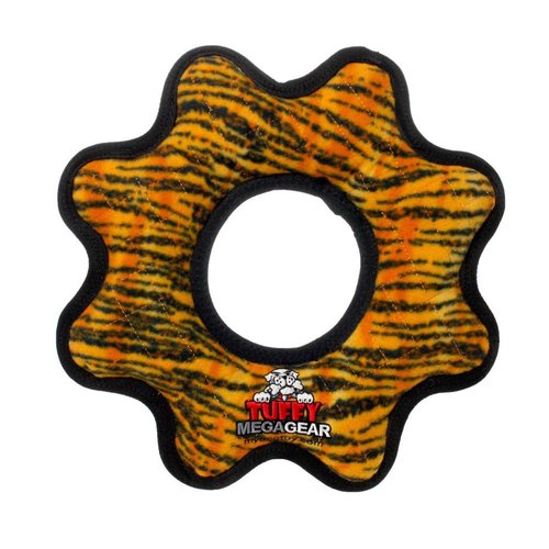 TUFFY - World's Tuffest Soft Dog Toy - MEGA Gear Ring - Squeakers - Multiple Layers. Made Durable, Strong & Tough. Interactive Play (Tug, Toss & Fetch). Machine Washable & Floats. (Tiger)