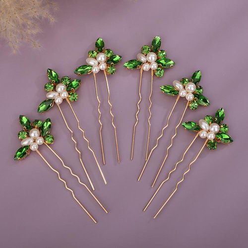 Teyglen 6pcs Crystal Pearl Bridal Hair Pins Green Rhinestone Wedding Hair Pins Clips Set Handmade...