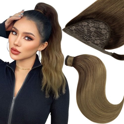 Wrap Around Clip in Ponytail Hair Extensions Long Ponytail Extension Natural Straight Ombre Darker Brown Mix Light Brown to Light Brown Pony Tails Hair Extensions T#(M3-8)-8 16 Inch 80g
