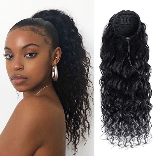Water Wave Ponytail Extension Drawstring Human Hair Clip In Real Brazilian Virgin Human Hair Ponytails For Black Women Wet And Wavy Hair Pieces Natural Black 18inch