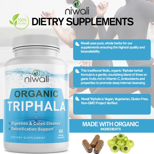 NIWALI Organic Triphala Herbal Supplement - Digestion & Colon Support, Immune System Support, Adaptogen, Nutrient Dense, Vegan, Gluten-Free, USDA Certified Organic, Non-GMO - 60 Capsules