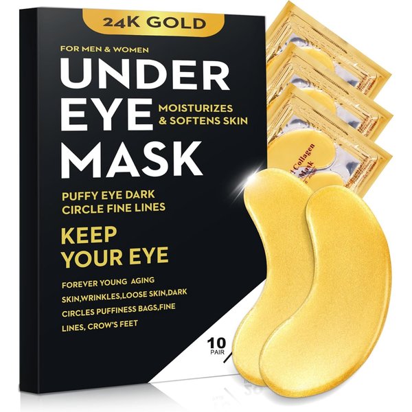 20Pcs/10Pairs Under Eye Patches Gold for Dark Circles, Puffy Eyes, and Wrinkles, 24K Gold Eye Mask for Face, Eye Cream for Men and Women