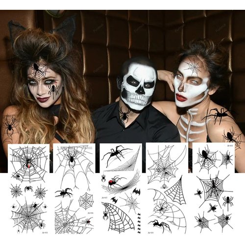 9 Sheets Halloween 3D Spider Web Temporary Tattoos Face eye Makeup Kit For Women Adults Realistic Witch Bat Zombie Fake Face Tattoos Sticker For Kids Men Adults Scary Halloween Spiderweb Decals