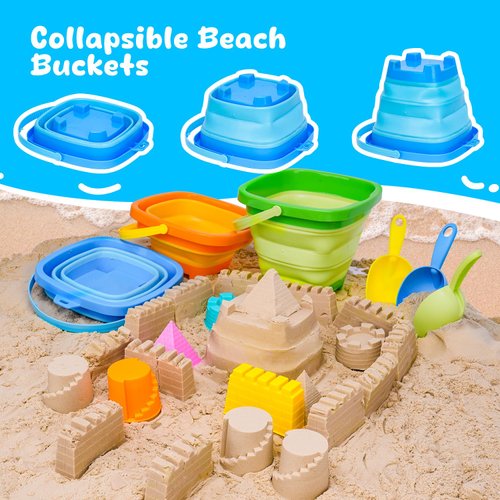 AuntyFey Collapsible Beach Toys Sand Toys for Toddlers 1-3, Beach Toy Sand Toy for Kids Ages 4-8, Collapsible Beach Sand Buckets Toys for Kids, Sandbox Toys for Toddler with Castle Sand Mold Shovel