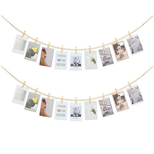 KLOGTSIND Hanging Photo Display Wall Decor, 2PCS Boho Wooden Bead Garland Collage Picture Frame with 9 Wood Clips for Bedroom, Living Room, Office, Dorm Decor, Photos Holder Teen Girl Gifts