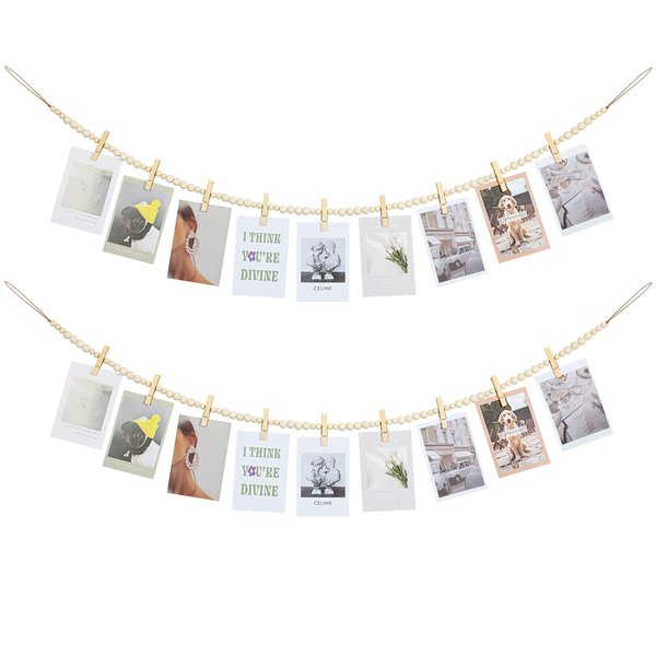 KLOGTSIND Hanging Photo Display Wall Decor, 2PCS Boho Wooden Bead Garland Collage Picture Frame with 9 Wood Clips for Bedroom, Living Room, Office, Dorm Decor, Photos Holder Teen Girl Gifts