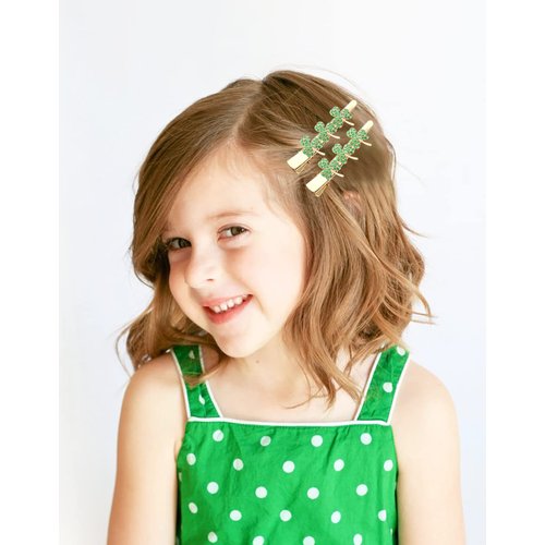 St.Patrick’s Day Hair Clips Crystal Glitter Shamrock Hairpins Green Lucky Leaf Embellished Gold Alligator Hair Clips for Party Gift (2 Pairs Lucky Clover Clips)