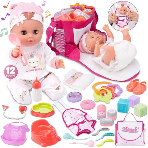 MOZOK 25 pcs Toddler Baby Doll Accessories Set，Realistic Pretend Play Doll Toy Set with Baby Care Bag, Back Sling, and Nipple, Birthday Gifts for Kids Ages 3 4 5 6 7 8 Year Old Girls